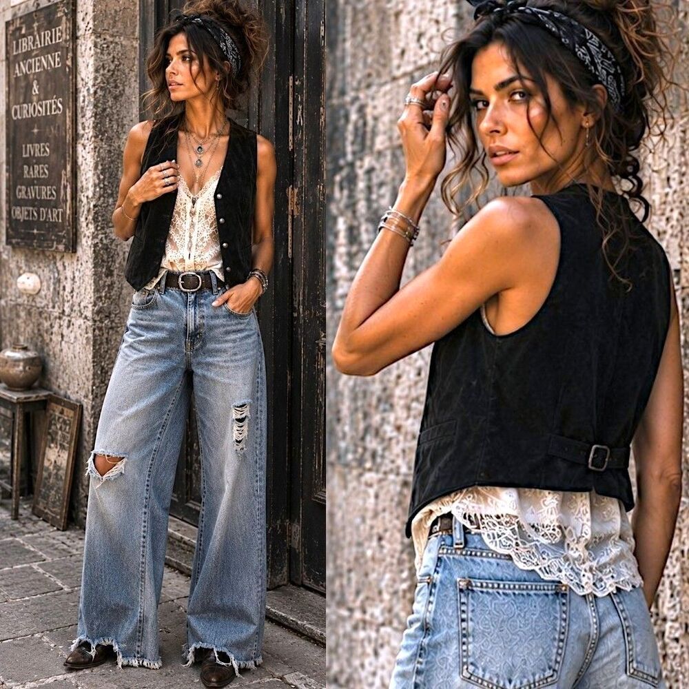 Vtg Suede L Black Leather Vest Steampunk Snap Grunge Western Whimsigoth Witchy